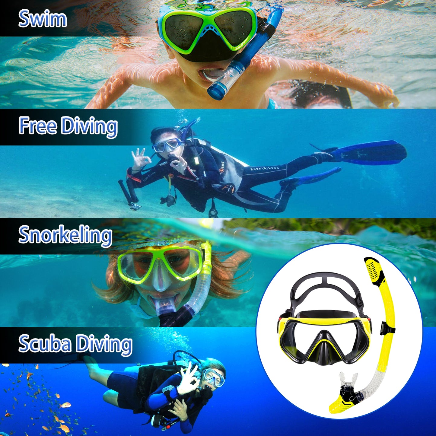 TUDIVING Diving Snorkel, Mask Set Adult,Anti-Fog Panoramic View Mask Scuba Gear,Goggles Swimming Adult for Snorkeling Scuba Diving Swimming Travel