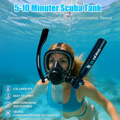 TUDIVING-0.5L Scuba Diving Tank Set,Mini Oxygen Cylinder with Full Face Snorkel Mask,Portable Travel Diving Kit with Air Compressor