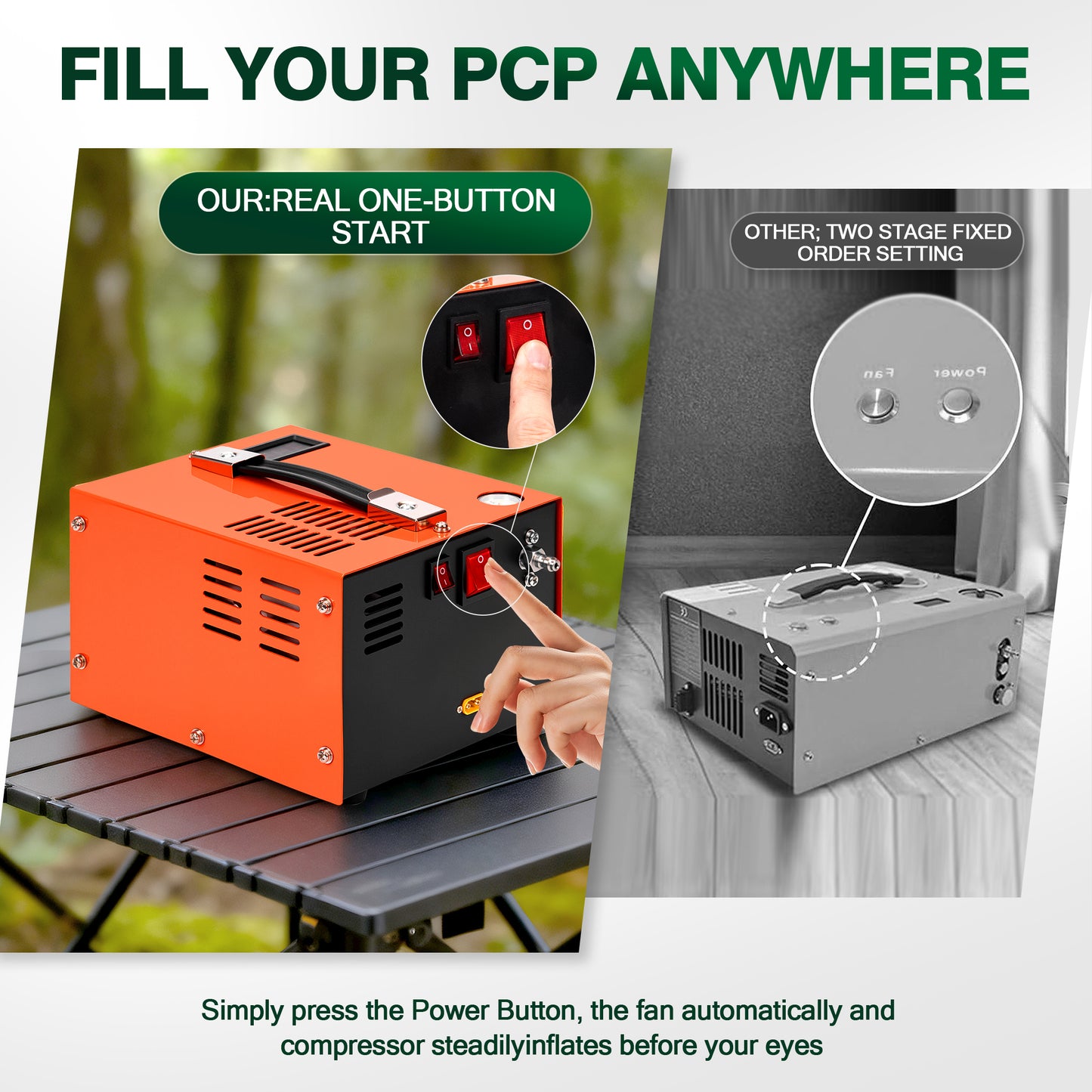 PCP Air Compressor,4500Psi/30Mpa, Water/Oil-Free, One Button Start, Powered by Car 12V DC or Home 110V AC