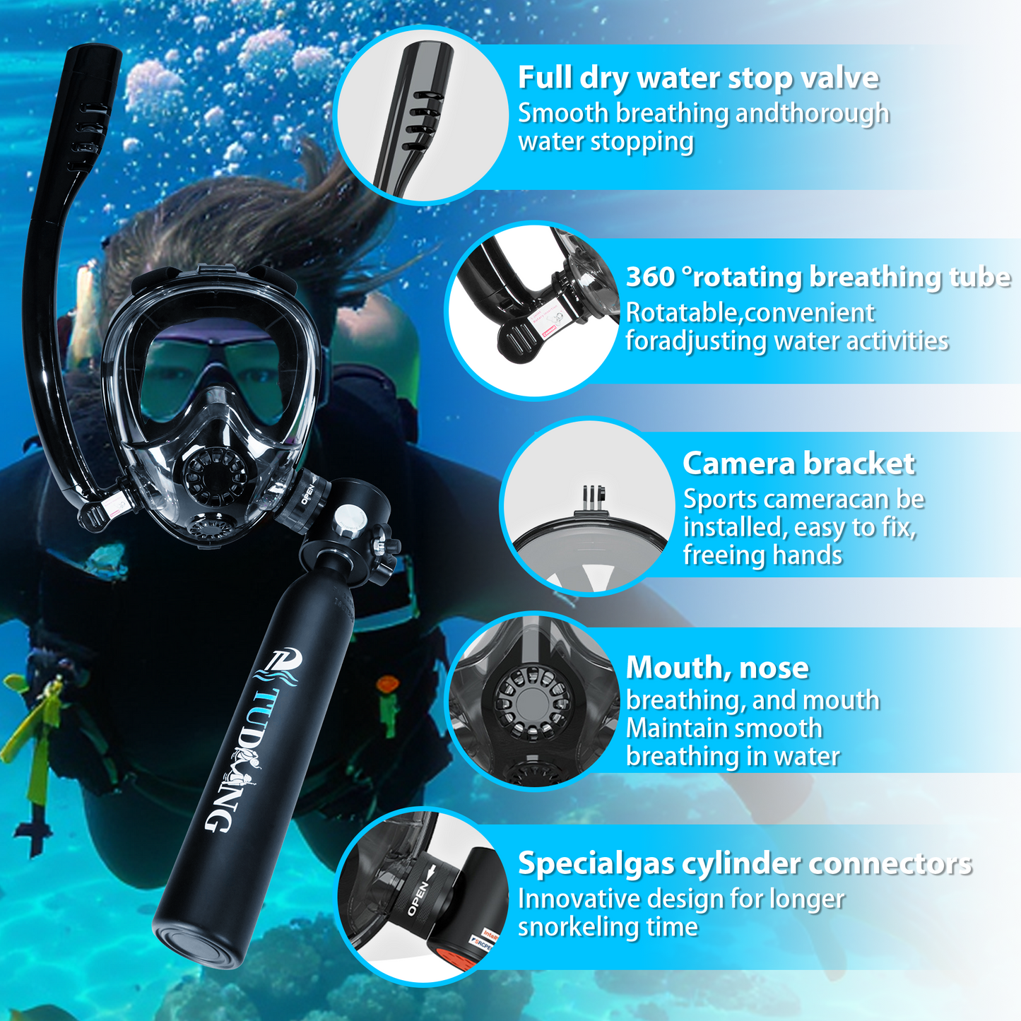 TUDIVING 0.5L Mini Scuba Tank with Snorkel Mask, Portable Diving Air Tank Kit for Recreational Snorkeling and Shallow Diving