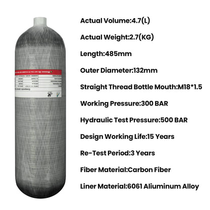 TUDIVING-4.7L 4500Psi Carbon Fiber Cylinder High Pressure Tank,286 Cu in Diving Tank with DIN Valve Scuba Diving Adapter Filling Station,HPA Cylinder Pcp Paintball Air Tank M18*1.5
