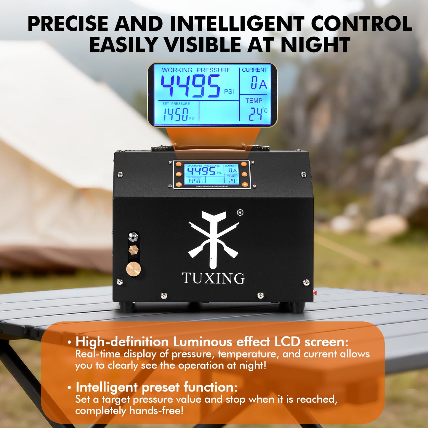 TUDIVING 4500 PSI PCP Air Compressor, 12V DC/110V AC Portable Oil-Free High-Pressure Air Pump with LCD Display and Auto Stop