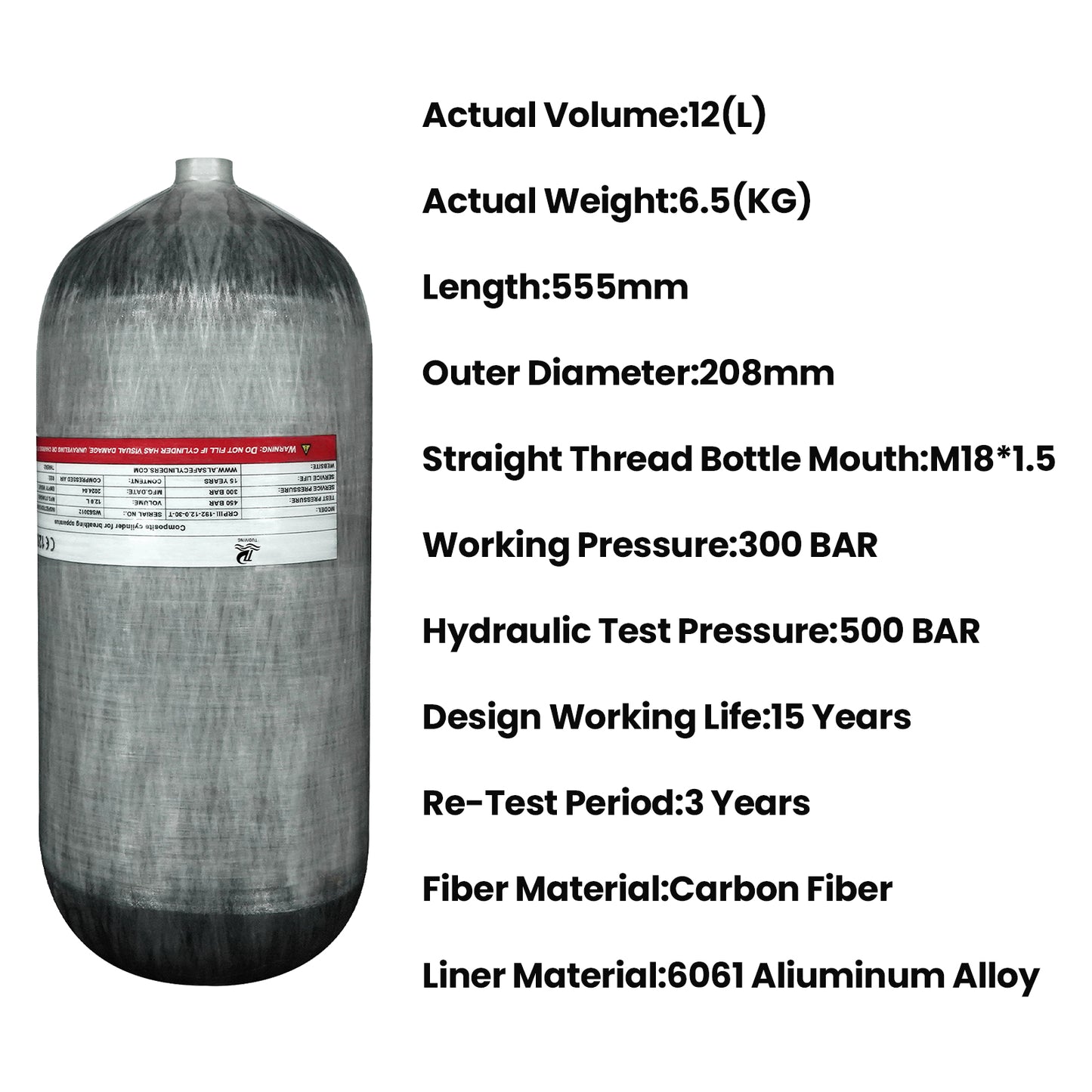 TUDIVING-4500Psi Scuba Diving Tank,12L Carbon Fiber Scuba Tank with DIN Valve,732 Cu in Deep Dive Gas Cylinder,High Pressure Composite Cylinder