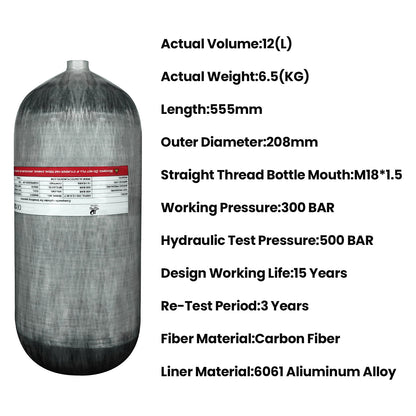 TUDIVING-4500Psi Scuba Diving Tank,12L Carbon Fiber Scuba Tank with DIN Valve,732 Cu in Deep Dive Gas Cylinder,High Pressure Composite Cylinder