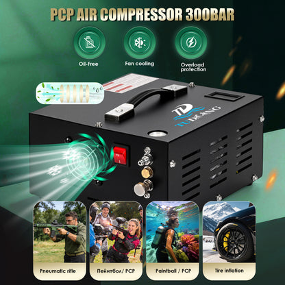 TUDIVING 4500 PSI PCP Air Compressor, Portable 12V DC/110V AC Air Pump with Built-in Converter, Oil-Free for PCP Air Rifles