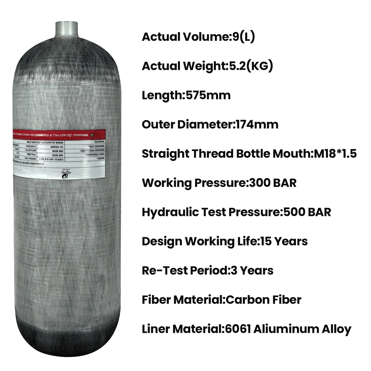 TUDIVING-4500Psi Scuba Diving Tank,9L Carbon Fiber Scuba Tank,549 Cu in Deep Dive Gas Cylinder,9000CC High Pressure Composite Cylinder for Scuba Diving