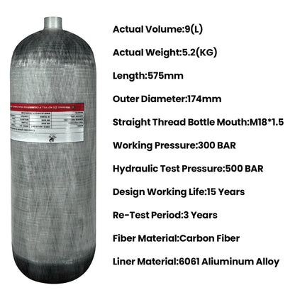 TUDIVING-4500Psi Scuba Diving Tank,9L Carbon Fiber Scuba Tank,549 Cu in Deep Dive Gas Cylinder,9000CC High Pressure Composite Cylinder for Scuba Diving