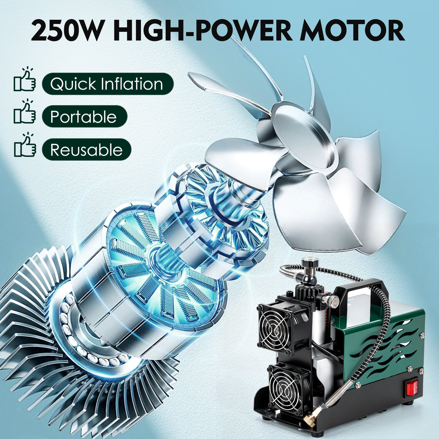 TUDIVING 4500 PSI PCP Air Compressor, Compact Dual-Fan Portable PCP Air Pump, 12V DC/110V AC, Oil-Free Water-Free Compressor