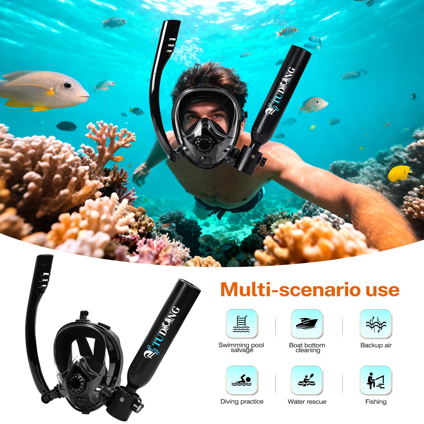TUDIVING-0.5L Portable Scuba Tank,Lung Tank Kits with Air Compressor,Support 6-10 Minutes Underwater Breathe,Reusable Mini Diving Cylinders (Diving Tank with Compressor)