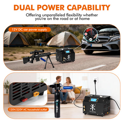 TUDIVING 4500 PSI PCP Air Compressor, 12V DC/110V AC Portable Oil-Free High-Pressure Air Pump with LCD Display and Auto Stop