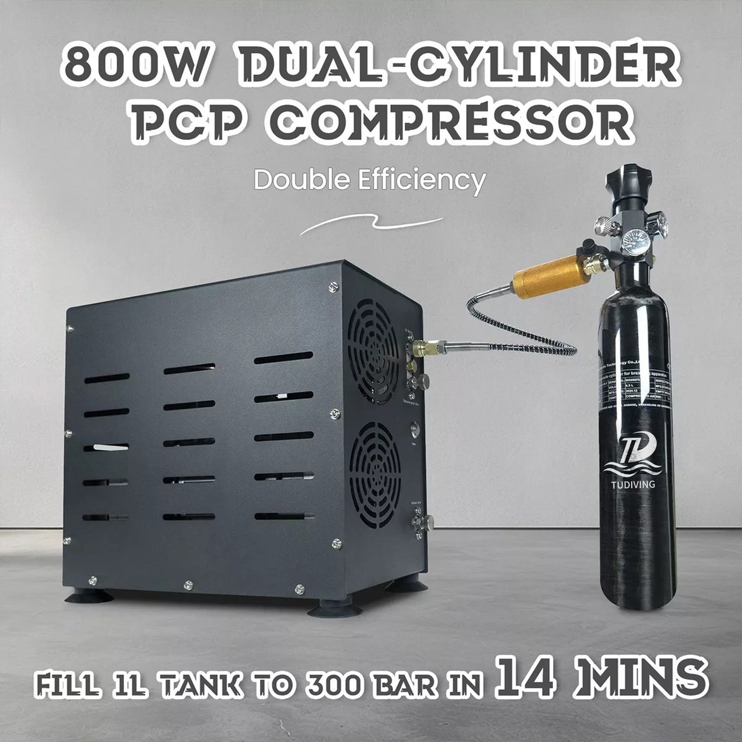 TUDIVING-4500Psi/300Bar Diving Compressor,800W Dual-Cylinder PCP Air Compressor,Auto Stop High Pressure Compressor,Scuba Compressorfor Fill a 2L Diving Tank