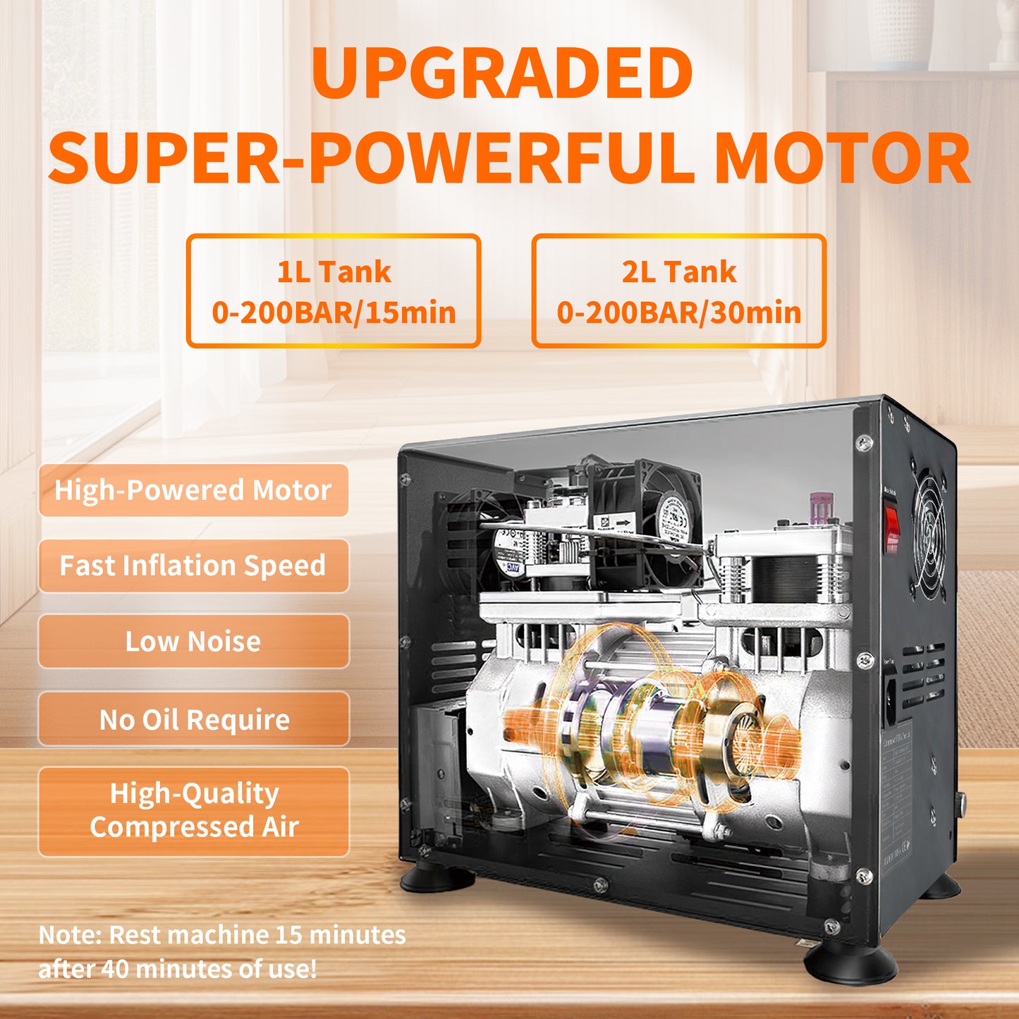 TUDIVING-4500Psi/300Bar Diving High Pressure Compressor,800W Dual-Cylinder PCP Air Compressor,Auto Stop,Scuba Compressorfor Fill a 2L Diving Tank