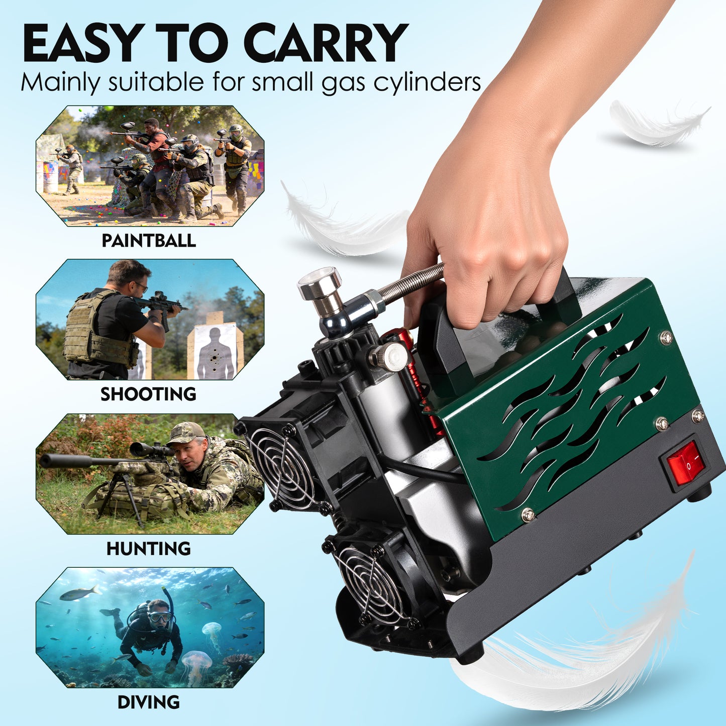 TUDIVING 4500 PSI PCP Air Compressor, Compact Dual-Fan Portable PCP Air Pump, 12V DC/110V AC, Oil-Free Water-Free Compressor