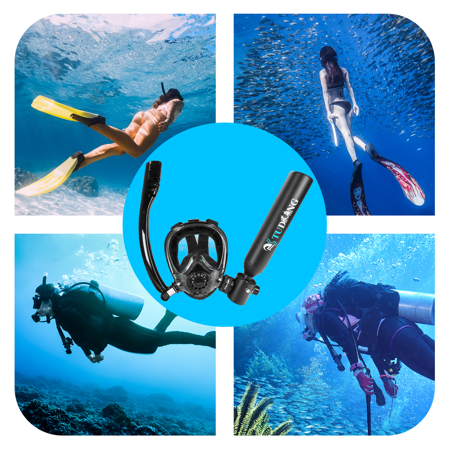 TUDIVING-0.5L Scuba Diving Tank Set,Mini Oxygen Cylinder with Full Face Snorkel Mask,Portable Travel Diving Kit(Black)