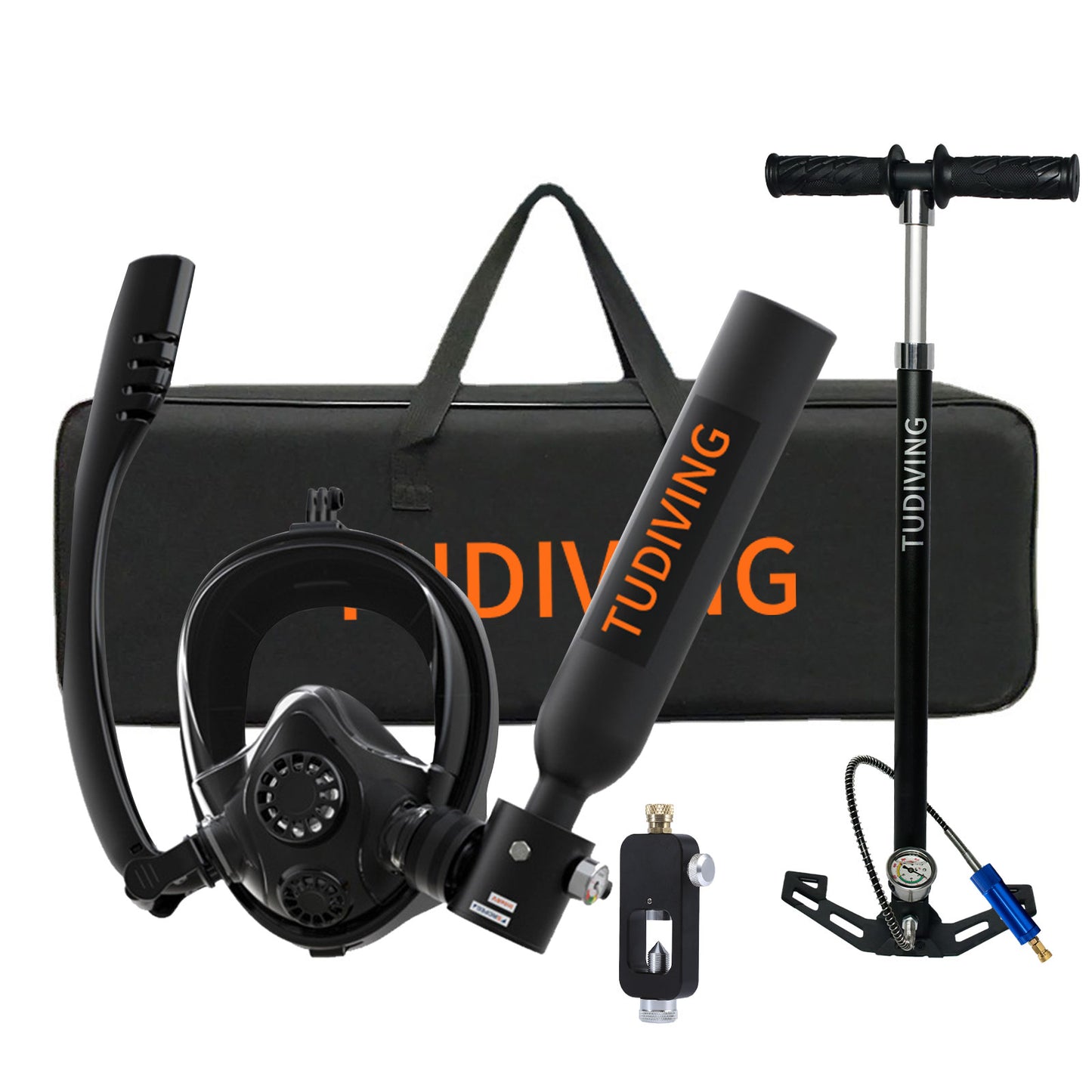 TUDIVING-0.5L Scuba Diving Tank Set,Mini Oxygen Cylinder with Full Face Snorkel Mask,Portable Travel Diving Kit(Black)