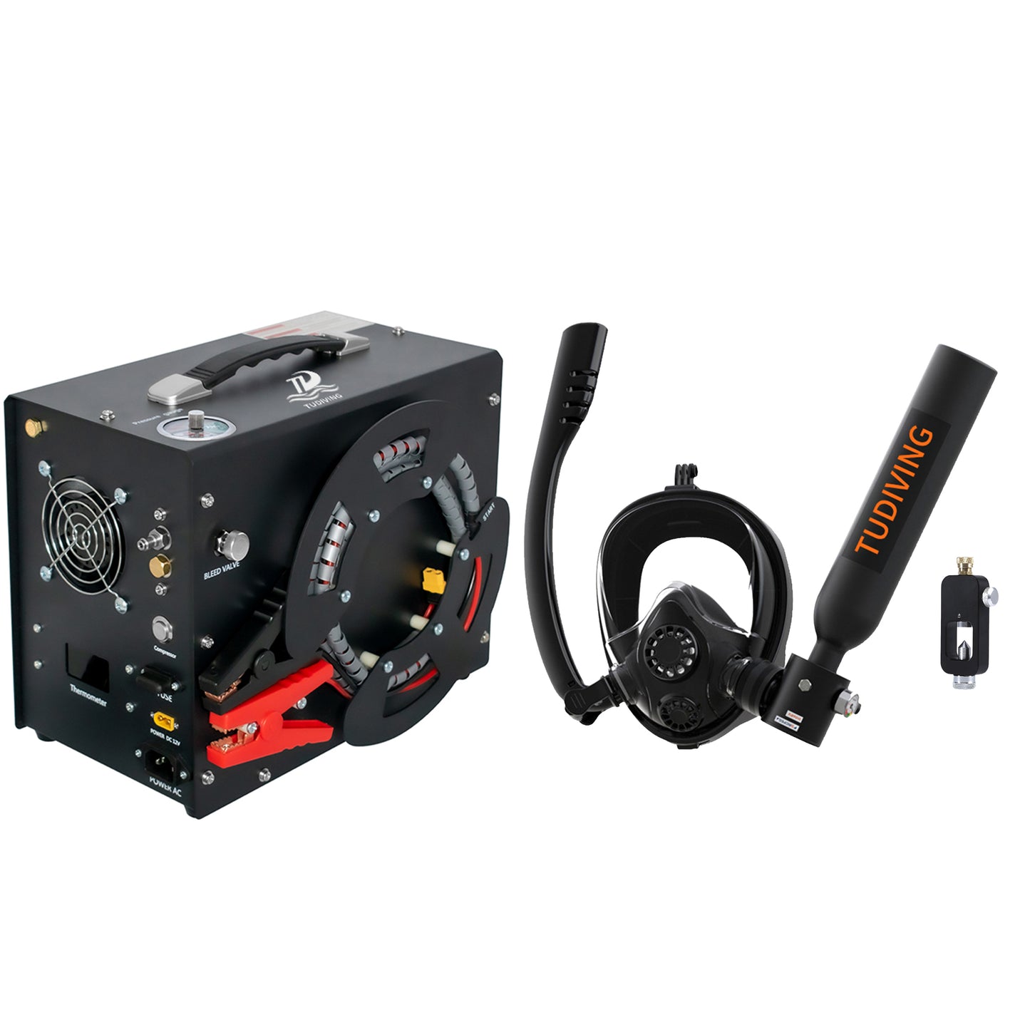 TUDIVING-0.5L Scuba Diving Tank Set,Mini Oxygen Cylinder with Full Face Snorkel Mask,Portable Travel Diving Kit with Air Compressor